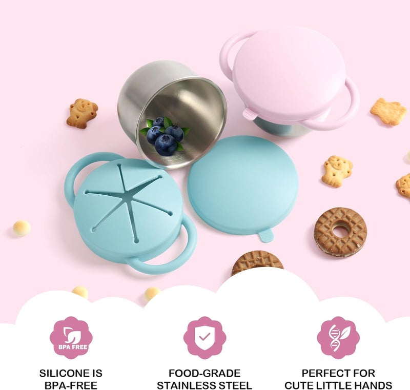 Daximo 2 Pack Snack Cups for Toddlers Spill Proof - Detachable Stainless Steel Toddler Snack Cups with Silicone Lids & Handles - Dishwasher Safe Baby Snack Containers (Light blue and Light pink) - Image 4